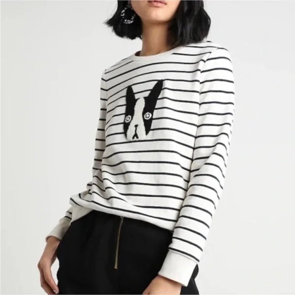 Banana Republic Womens Size‎ Small Striped Frenchie Dog Sweatshirt in White 2589